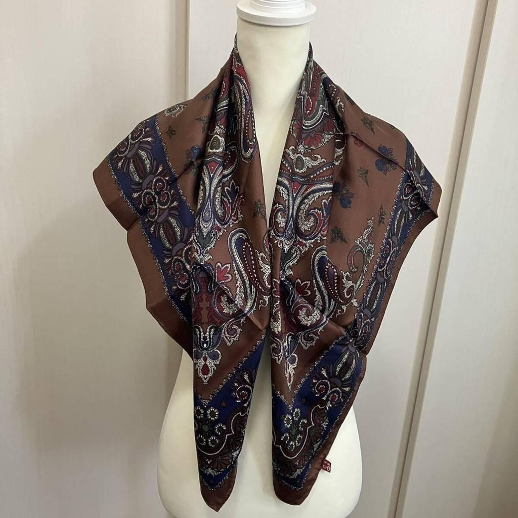Used Scarf, silk scarf, 100% silk, large scarf, stole, shawl, all-over pattern, brown