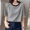 HOUZHOU Stripete T-skjorte Dame Grønn Kortermet Sommer Løs Stor størrelse Korean Chic Casual Topper
