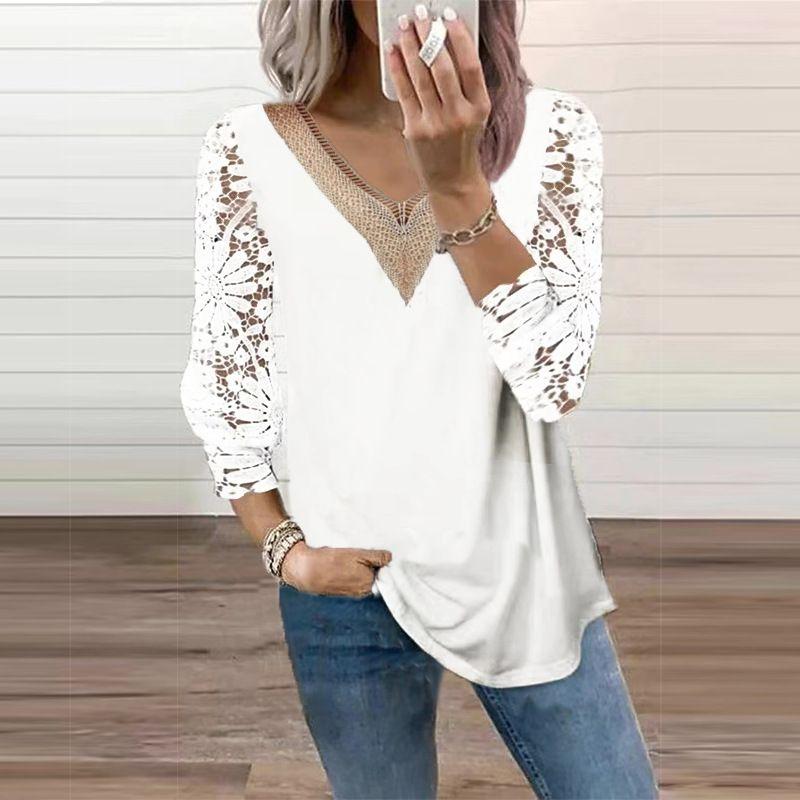 V-neck Patchwork Hollow Lace Sleeve TOPV Collar Patchwork Cut Out Lace Sleeve Tops