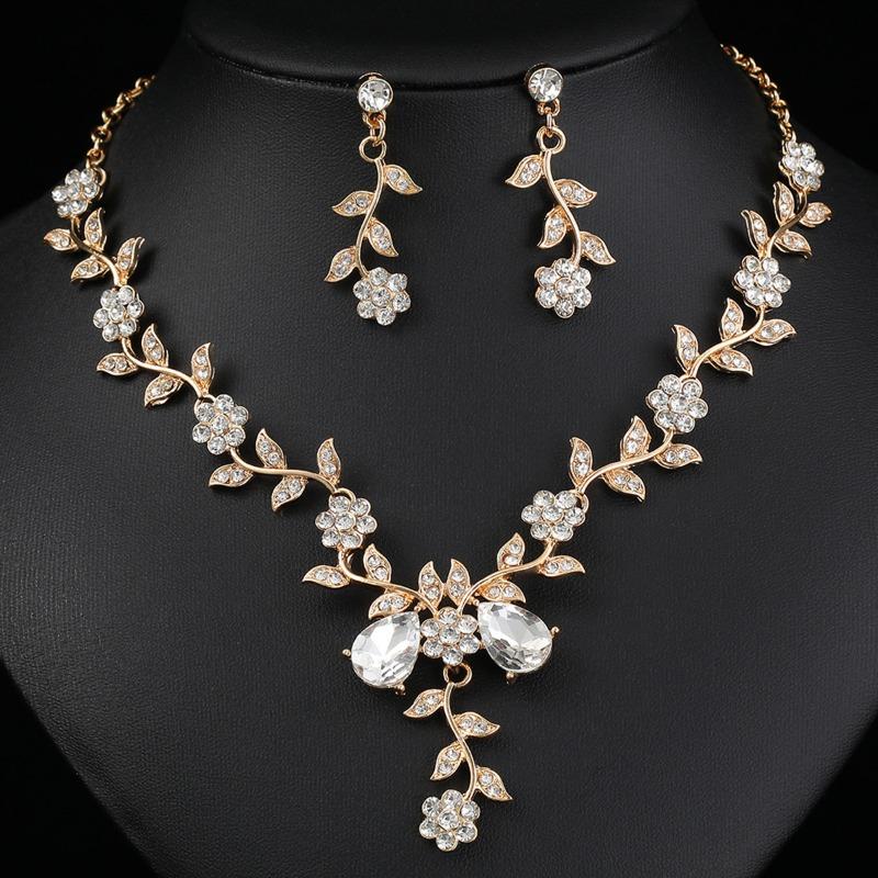 GemChic Women's New Exquisite Alloy Branch Flower Crystal Rhinestone Drops Collarbone Necklace Earrings Two Piece Set Birthday Christmas Jewelry Gift