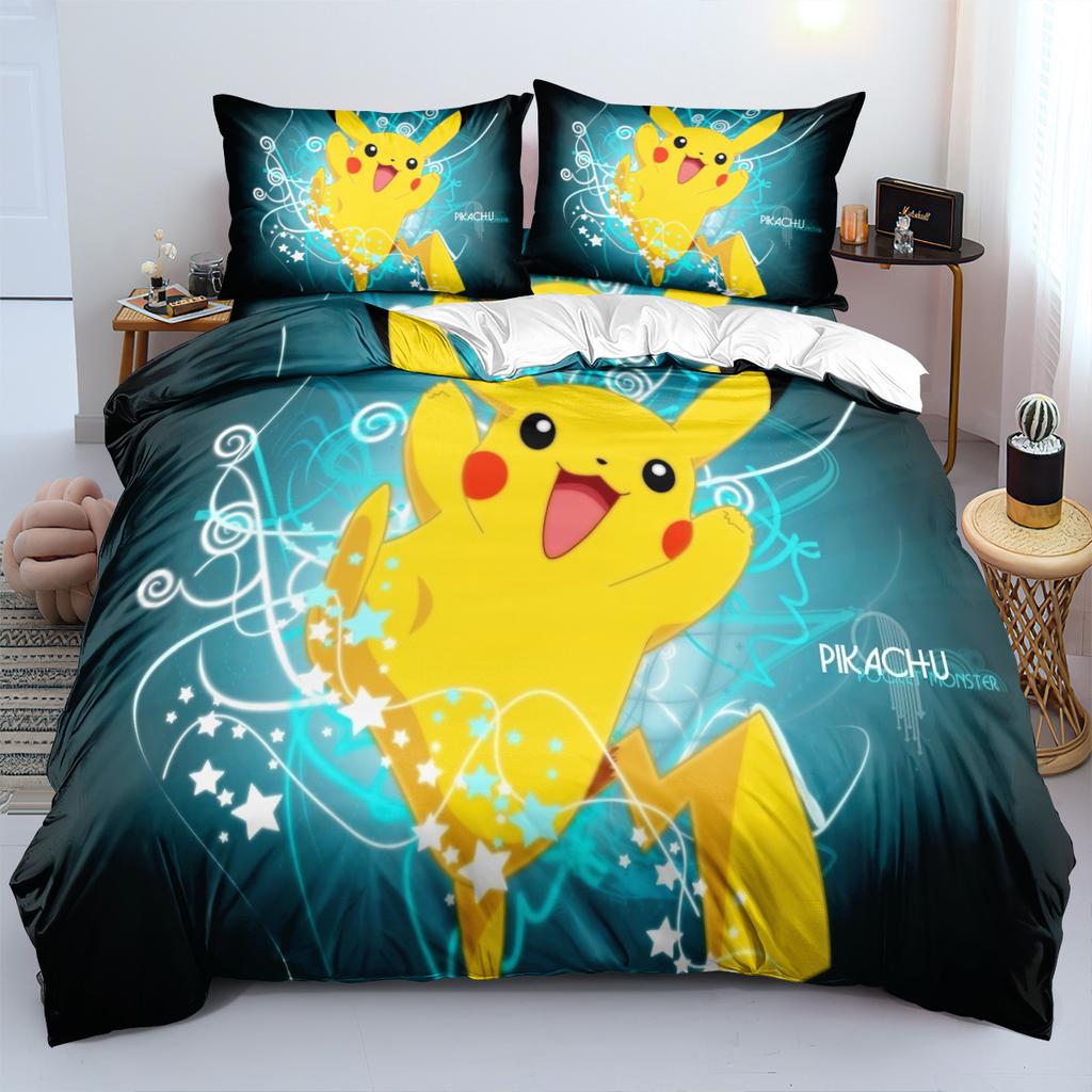 Sött P-Pokémon Sängkläder Set för Barn Pojkar Tecknad Tryckt Påslakan Täcke Set Pikachu Överdrag Sängkläder Set