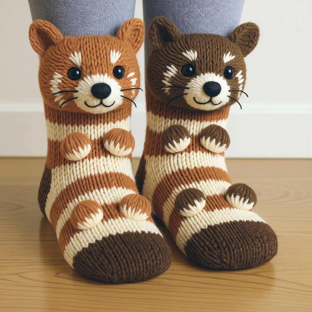New 3D Knit Animal Socks Double Layer Warm Funny Socks Hand Crocheted Breathable Middle Tube Socks Christmas Gifts Legs Warme