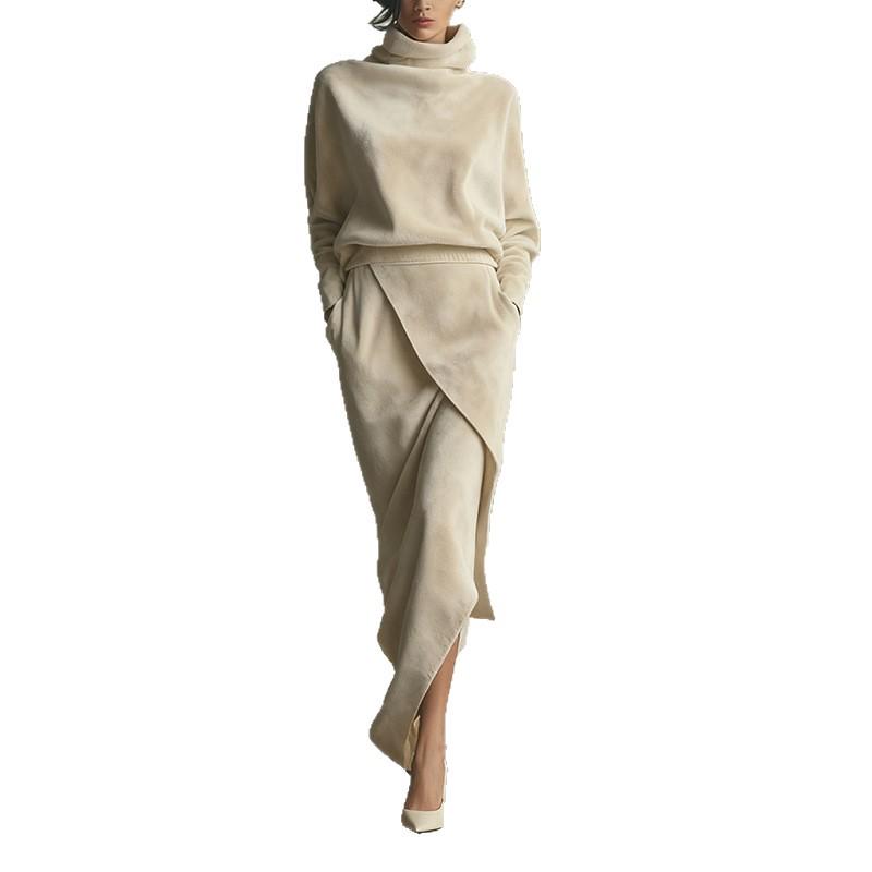 Autumn/Winter Women's Suede Plush Loose Solid Color Batwing Sleeve Skirt Set