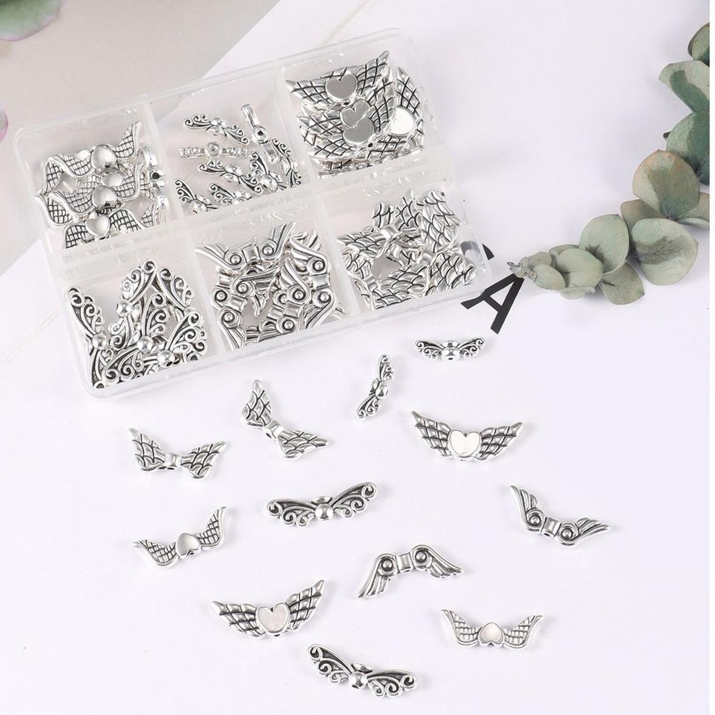 1 Box 6 Styles Wing Beads Angel Fairy Wings Charm Alloy Spacer Bead Antique Silver for Jewelry Making Xmas DIY Crafts