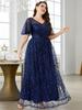 European-American V-neck Lace Evening Dress with Mid-Sleeves, Elegant for Banquets and Spring Events.
