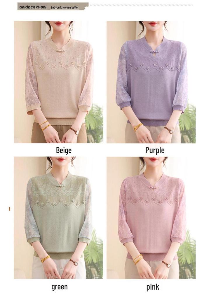 Elegant Lace-Trimmed Seven-Sleeve T-Shirt for Mid-Aged and Elderly Women - Stylish, Comfortable, Slimming Fit