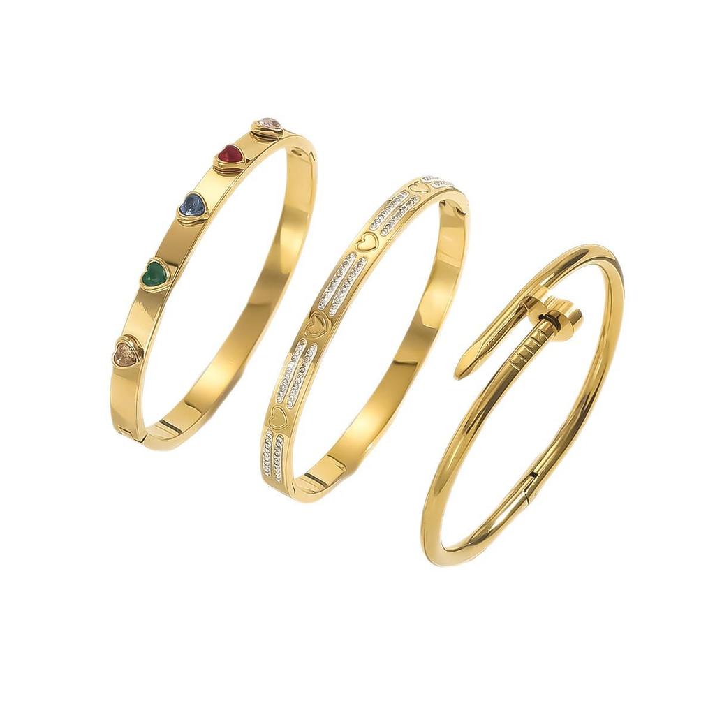 Stainless Steel Retro Hollow Bracelet with Color Diamond Plating