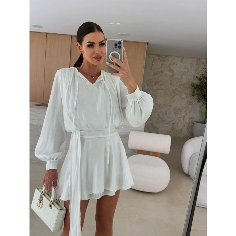 Autumn solid color long-sleeved collar lace-up casual dress women S