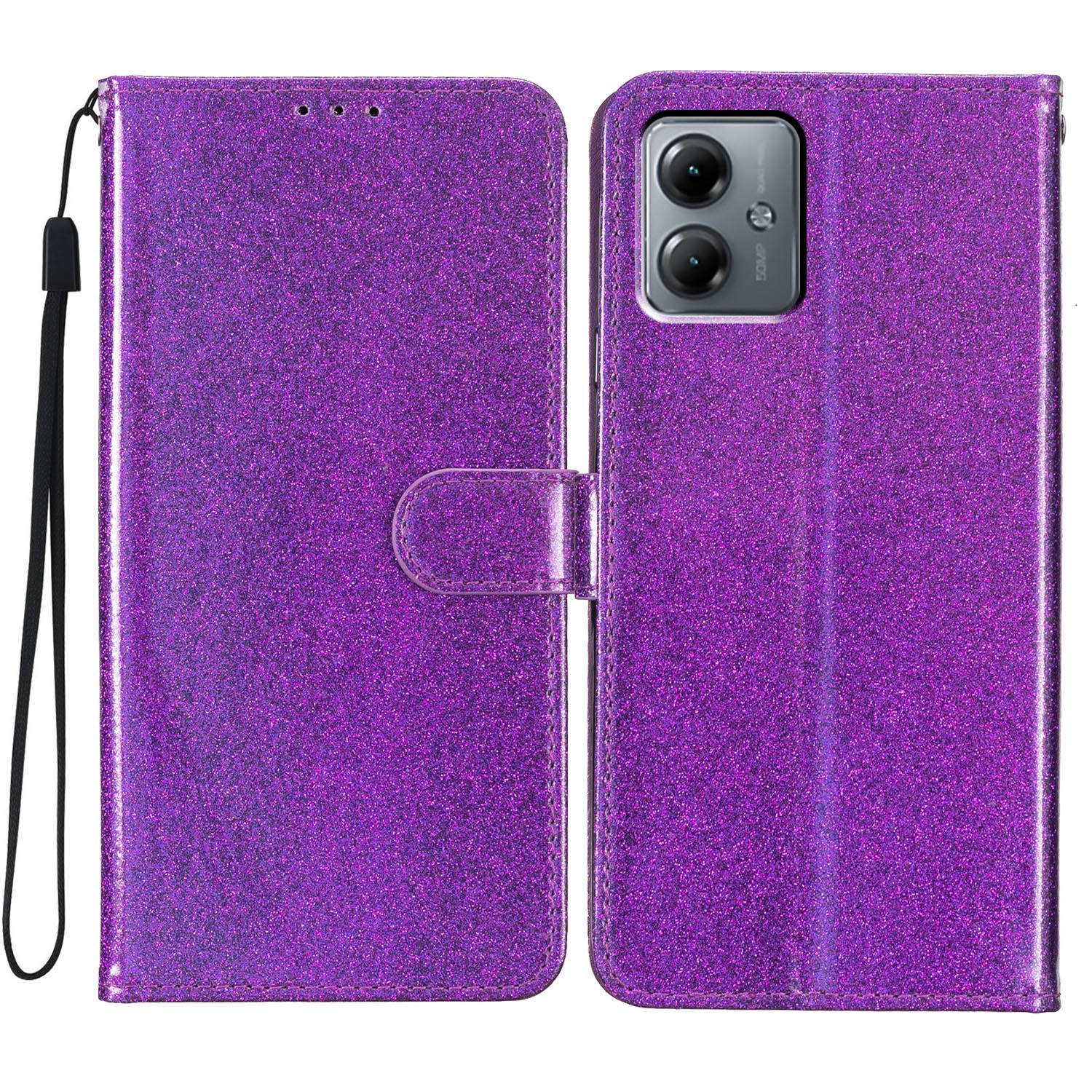 

For Motorola Moto G54 5G Leather Case Stand Wallet Glittery Phone Cover Purple