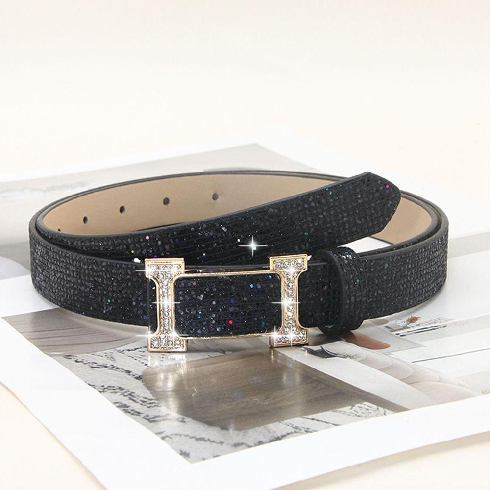 Glitter PU Leather Belt Bling Bling Slide Buckle Belt Vintage Trendy Waistband  Women