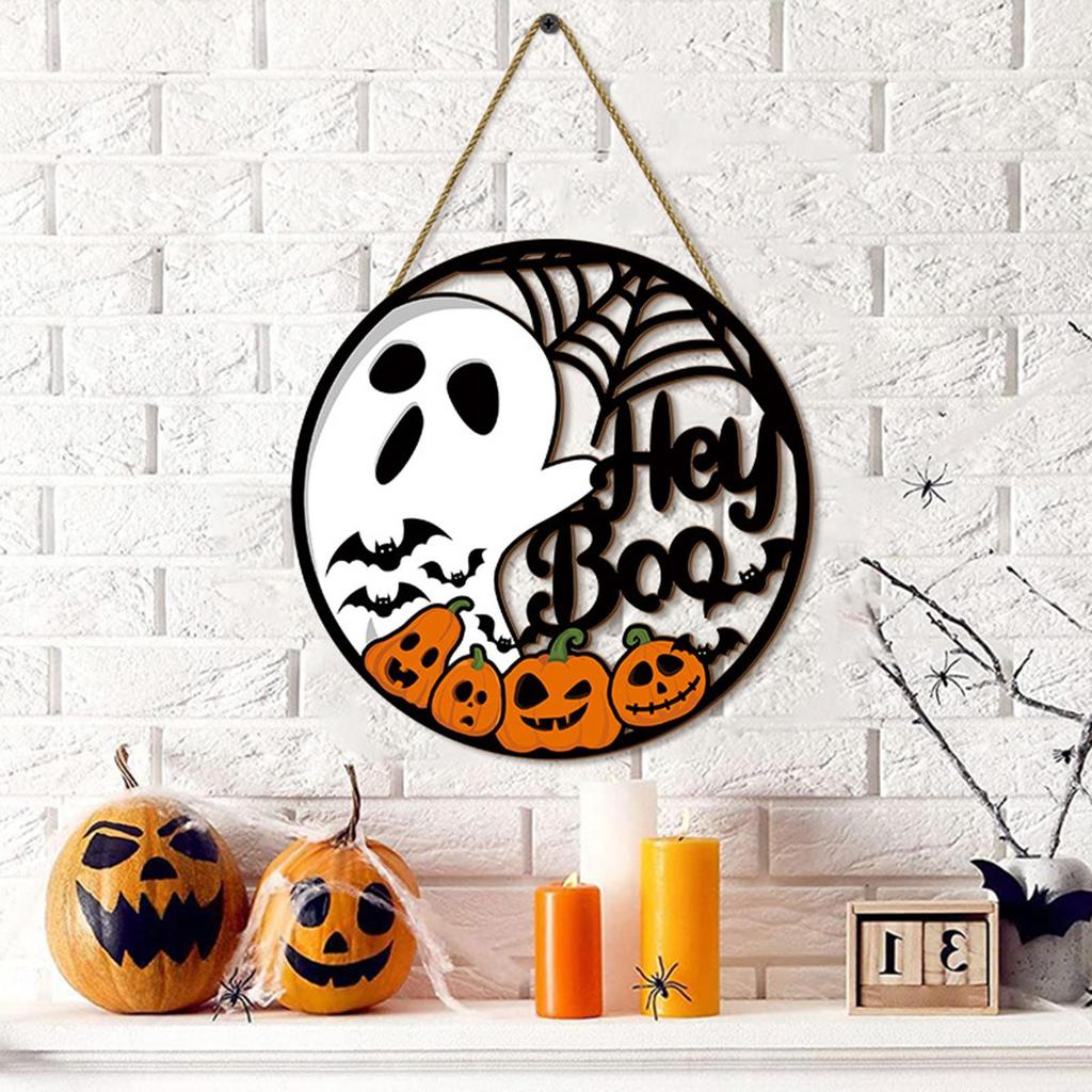 Welcome Door Sign Scary Halloween Door Hangings Wooden Sign Spider Web Round Halloween Wreath Decorations for Home Yard