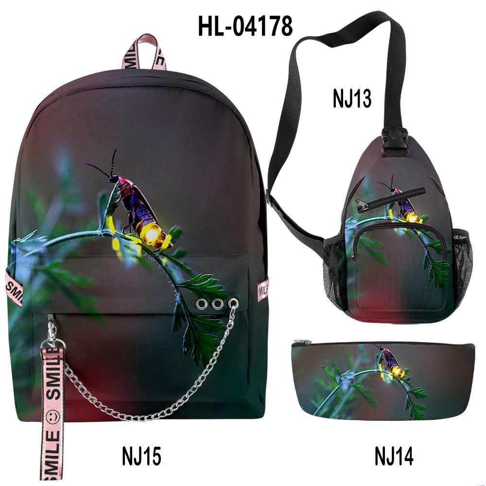 Nouveauté Créative Cool Lucioles Impression 3D 3 pièces/Ensemble Sacs d'école multifonctionnel Sac à dos de voyage Sac de poitrine Trousse à crayons
