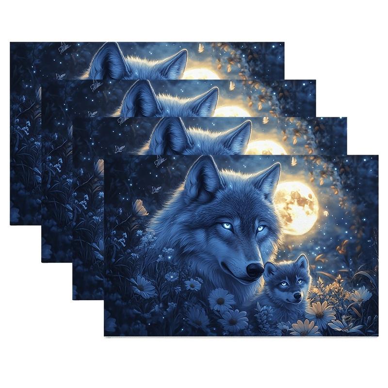 

4-Pack Wolf Family Placemats, 12x18 Inch, Hand Washable Knit Polyester, Rectangular Table Mats for Dining & Kitchen, Rustic Coun 12x18in-4PCS
