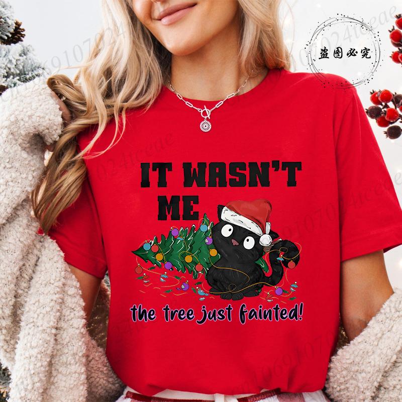 Funny Christmas Cat Women TShirt Xmas Cat Graphic TShirts Tops Short Sleeve Tees Casual Harajuku Street Tshirt Female Clothing