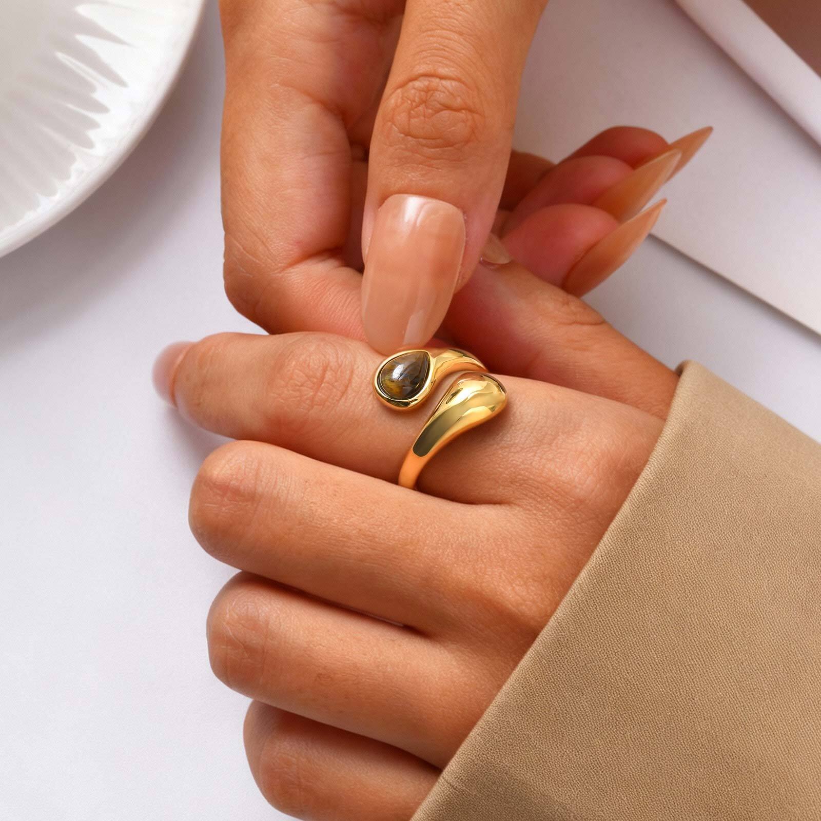 18K Gold Plated Brown Tiger Eye Natural Stone Water Drop Statement Open Ring,Vintage Boho Jewelry for Women US Ring Size 07