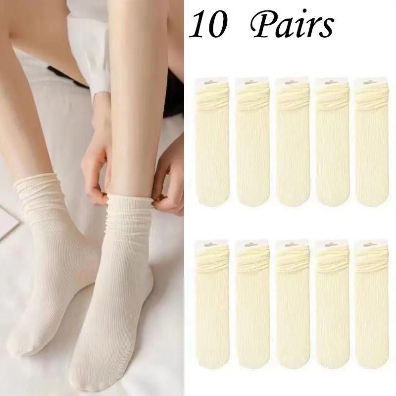 10 Pairs Ice Silk Medium Tube Socks – Solid Color Stacked Women’s Casual Socks, Breathable & Comfortable Kawaii Design