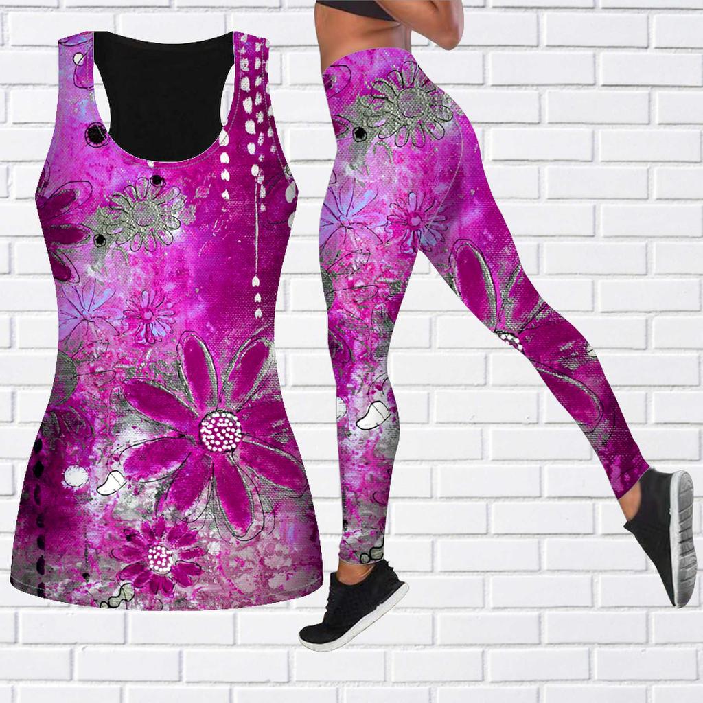 Blue Chrysanthemum Print Yoga Outfit for Women Fashion Workout Leggings Fitness Sports Casual Yoga Pants