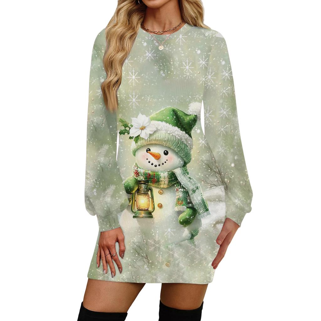 Vestido Casual Feminino da Moda com Estampa de Natal, Gola Redonda e Manga Longa