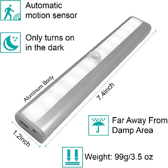6PK Under Cabinet Lighting, 12LED Motion Sensor 12LED Light Indoor, Night Led Lights Rechargeable Stick-on Lights for Kitchen Closet Stairs