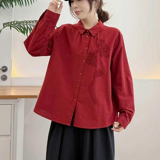 2026 Spring/Fall Women's Brushed Long-Sleeve Shirt with 3D Rose Design, Ideal for Layering.
