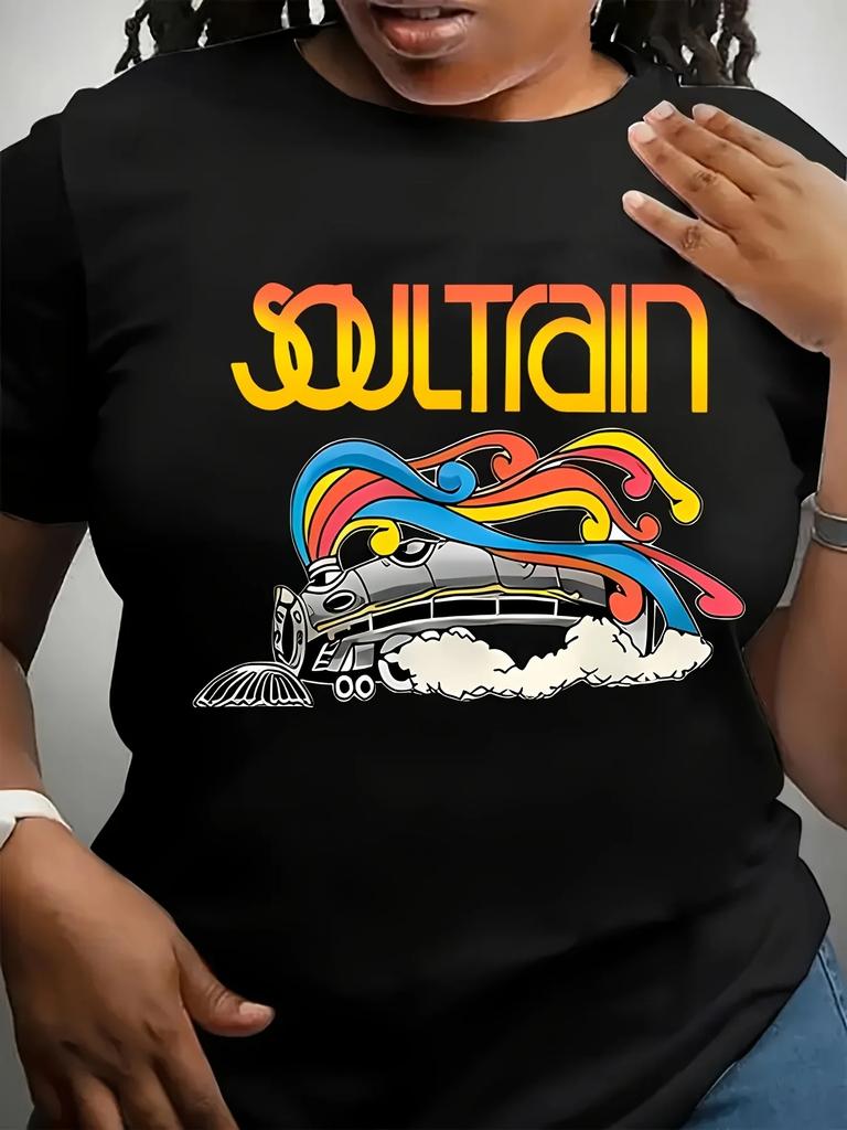 Women's Graphic T-Shirt  Soul Train Design with Bold Yellow Lettering  Colorful Retro Print Round Neck Short Sleeve Casual Top