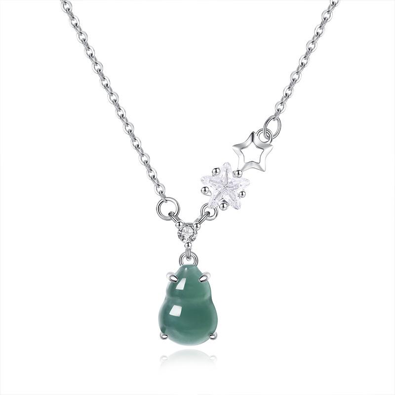 Fortune Gourd Necklace for Women, Pure Silver S925 Silver Inlaid with Natural Blue Water Jadeite, Unique Star Design Collarbone Chain