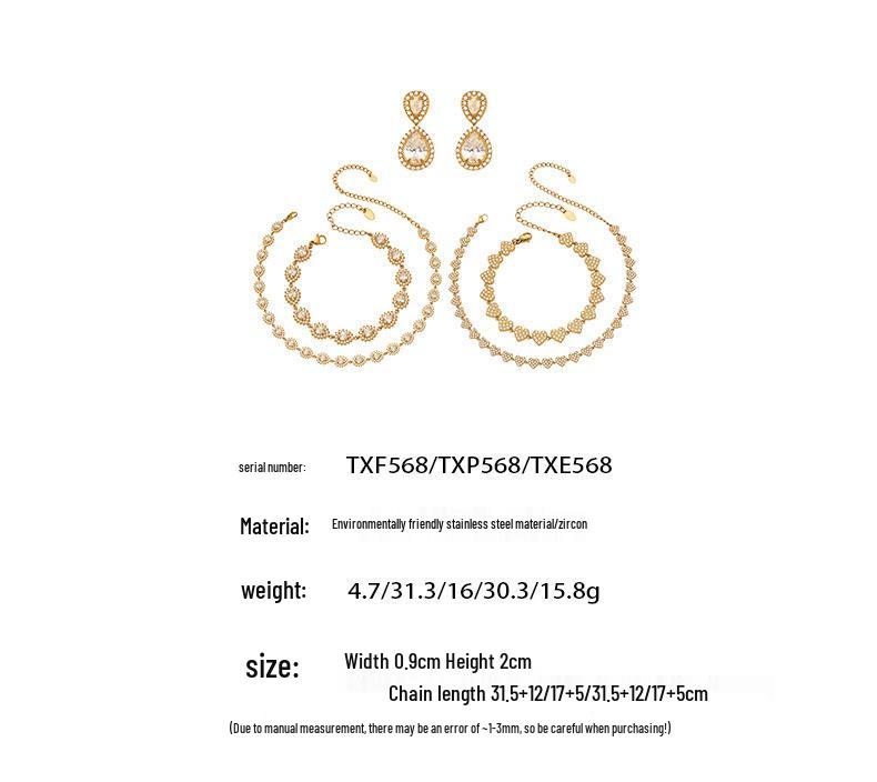 Luxury Zirconia Diamond Bracelet and Necklace Set with Stainless Steel Pendant and Retro Earrings