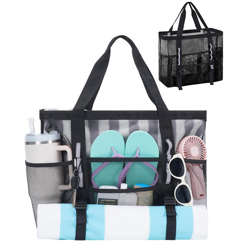 Travel Tote Bag With Zipper Large Capacity Mesh Beach Bag For Outdoor Beach Vacation