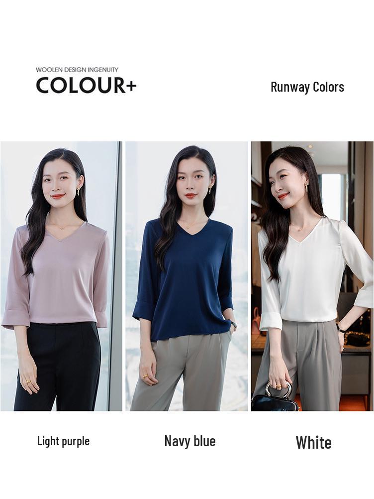 2025 Spring Women's V-Neck Mulberry Silk Blouse - Solid Color, Loose Fit
