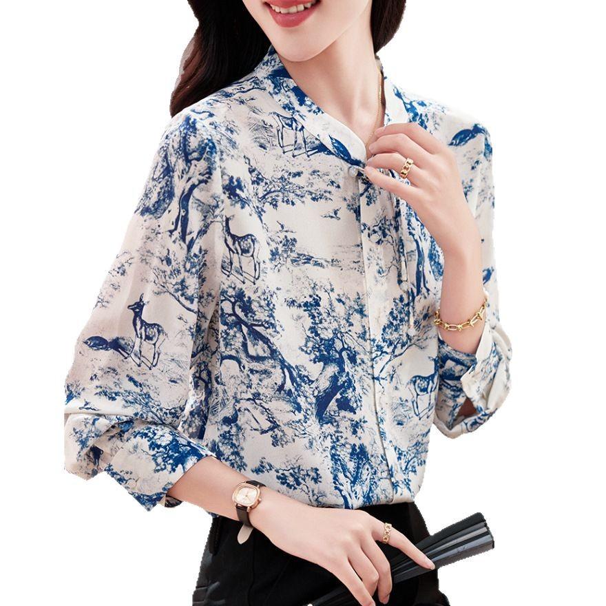 Printed double crepe silk shirt women's long sleeves new temperament trendy mulberry silk retro button-up top