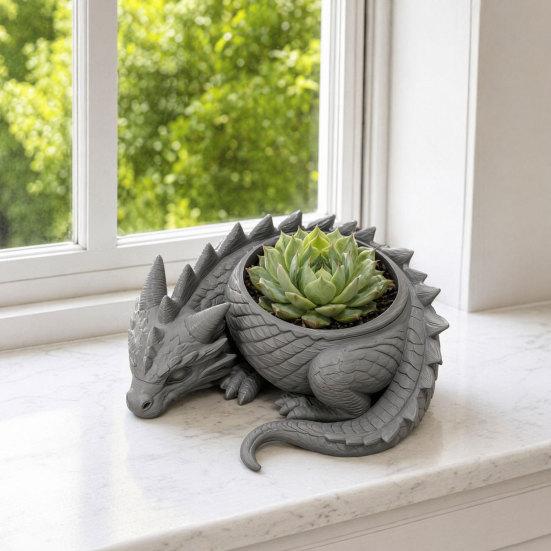 DYS 3D Printed Lying Dragon Flowerpot for Small Green Plants, Decorative Succulents Pot Ornament, Dark Style Figurine Home Office Desktop