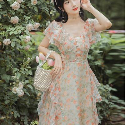 Vestido retro de gasa floral con falda larga de verano que se ajusta a la cintura y adelgaza, con un solo hombro.