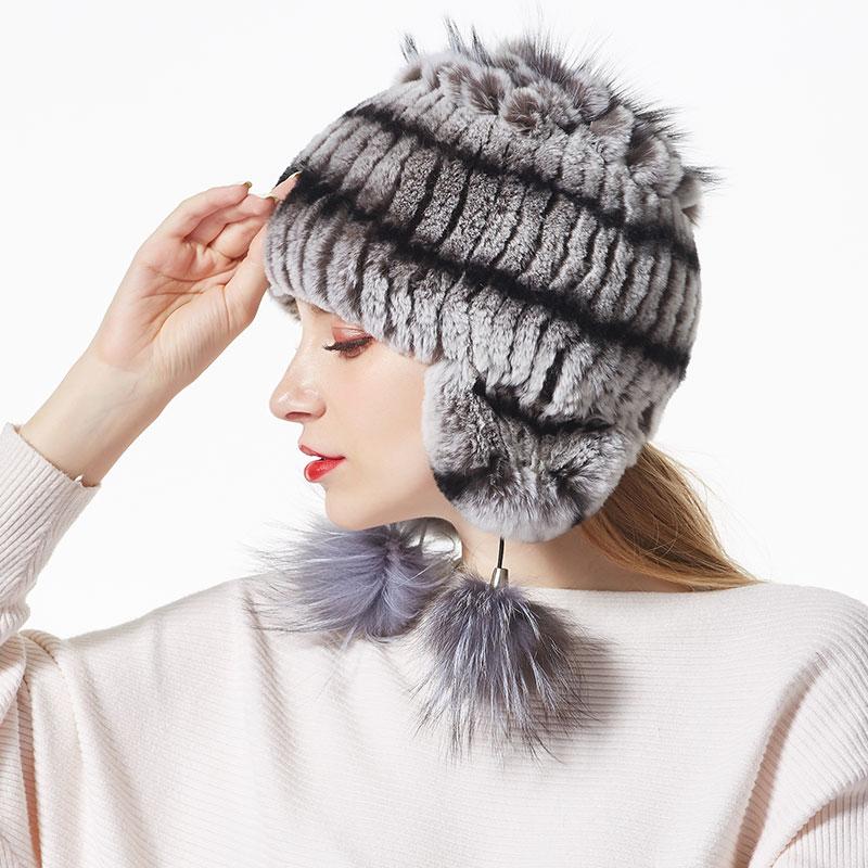 2019 Winter Bomber Hats for Women Rex Rabbit Fur Beanies Hat With Pompoms Women's Warm Knitted Hat Skullies Beanies Female Caps