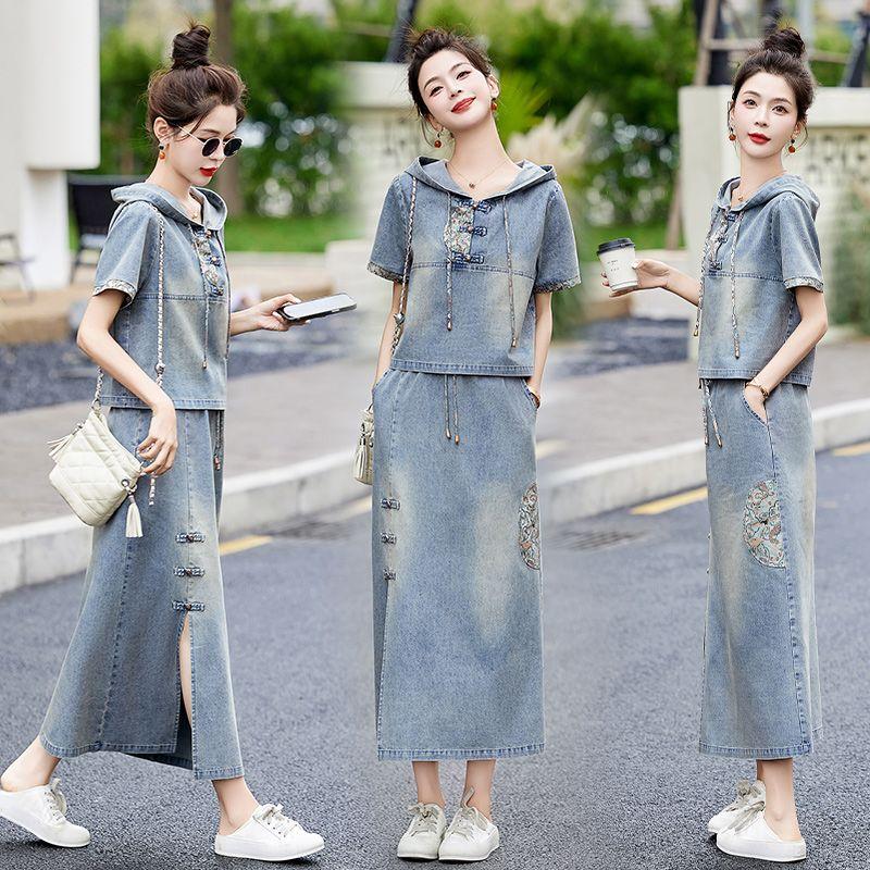 Fashion Embroidery Denim Skirt Set Women Summer Hooded Two Piece Outfit Chinese Style Vintage Youthful