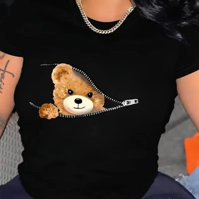 Ayı Grafik Baskılı Tişört Kısa Kollu Bisiklet Yaka Yazlık Kadın Giyim Kawaii Kadın Tişört Harajuku Tişörtler