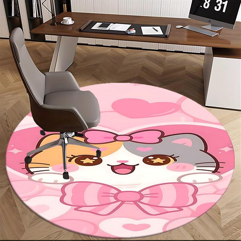 Cute Cat Round Chair Mat - Pink Heart Decorative Rug for Home Office