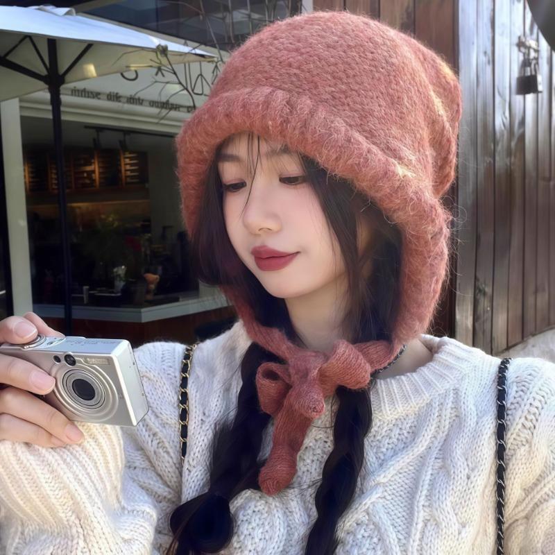Autumn and winter women's versatile hat knitted ear protectors loose big head circumference plush hat showing face small bag wool hat