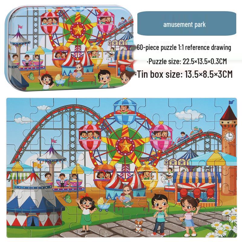 60-Piece Children's Wooden Cartoon Jigsaw Puzzle in Tin Box for Early Education