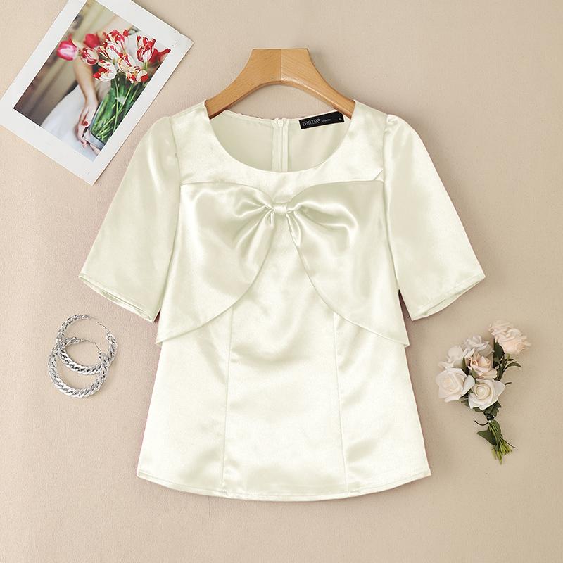 

ZANZEA Женская повседневная блузка с круглым вырезом, бантиками, пэчворком, летняя, с коротким рукавом, из сатина 4XL абрикосовый