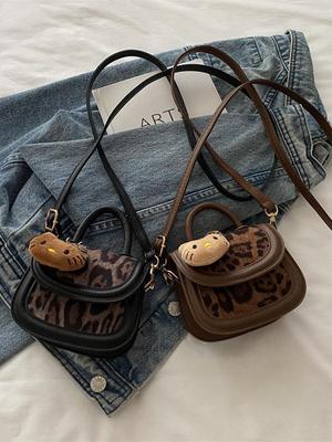Schultertasche für Mädchen im koreanischen Stil mit Leopardenmuster - Niedliches Katzendesign, modische Umhängetasche