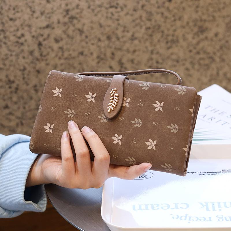 

Большая емкость цветочный портативный студенческий карманный длинный кошелек PU напечатанный лист мобильный кошелек темный кофе