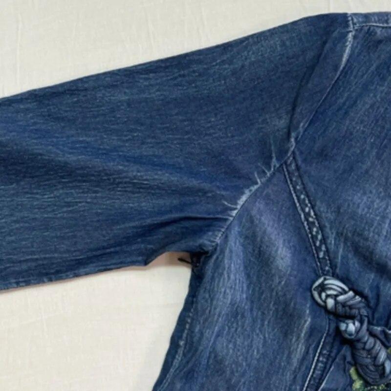 Johnature Dame Vår Kinesisk Stil Spenne Forbedre Vintage Broderi Bomull Lange Ermer A-Linje Kjole