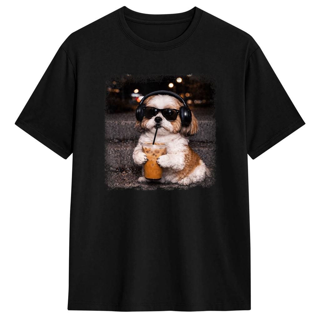 Divertente Shih Tzu che beve caffè freddo Maglietta Estate Cotone Magliette Per Unisex Design Maglietta Manica Corta Y2k Abbigliamento Casual