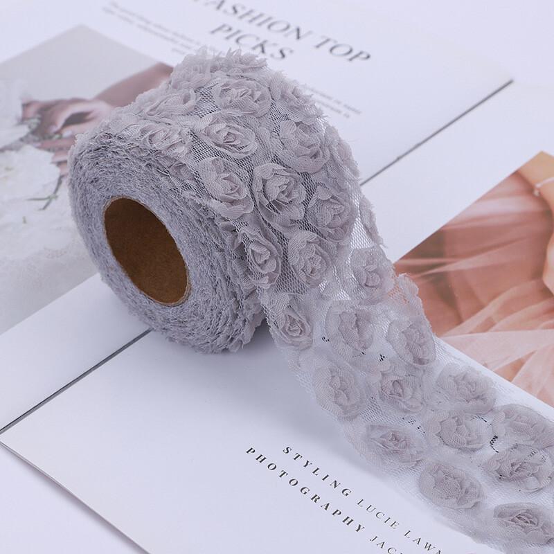 5Yards 3D Rose Flower Embroidered Lace Trim Ribbon Fabric DIY Clothing Accessorie Hand Sewn Wedding Headdress Bow