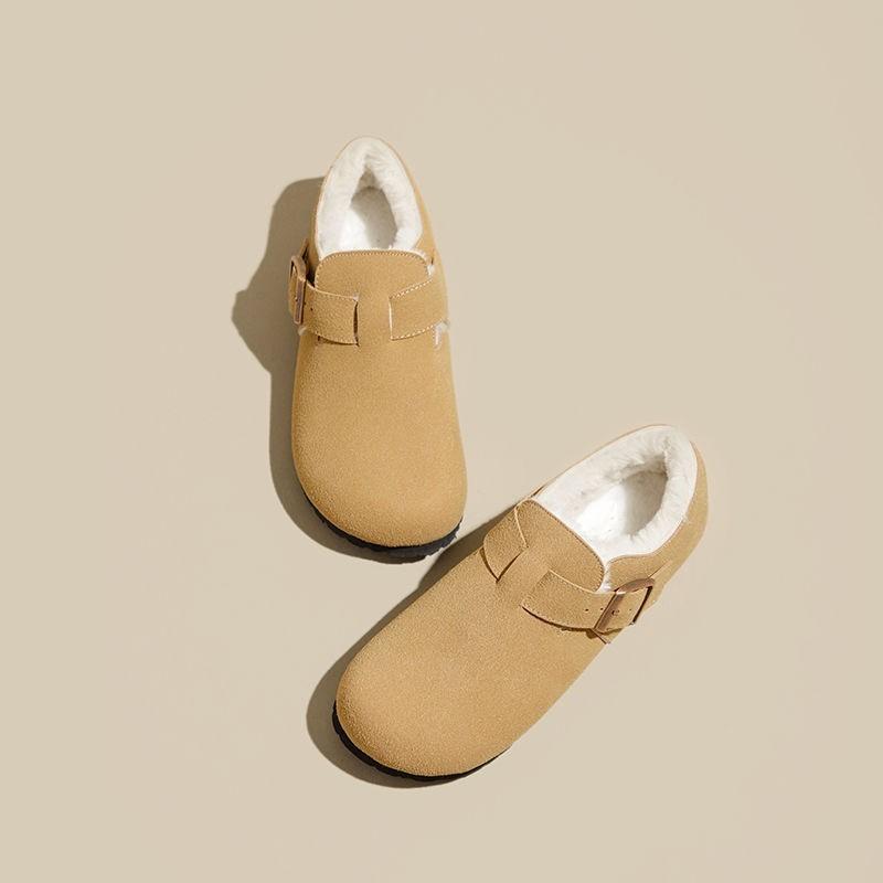 Fashion Crestar Winter Fur Lined Suede Slipper For Women Outdoor Keep Warm Non-slip Flat Mule Slipper New Lady Round-toed Home Slippers