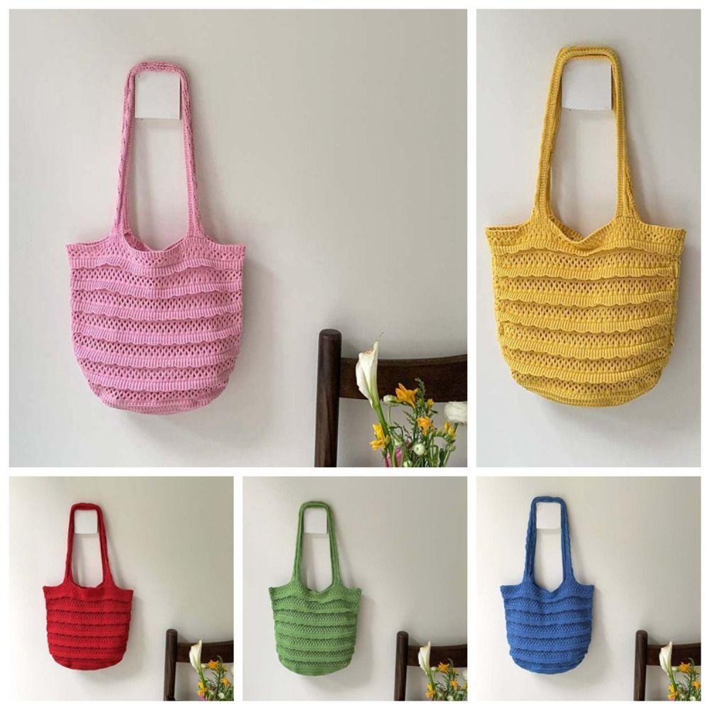 Sweet Crochet Shoulder Bag Large Capacity Seaside Vacation Handbag Knitted Tote Bag  Summer