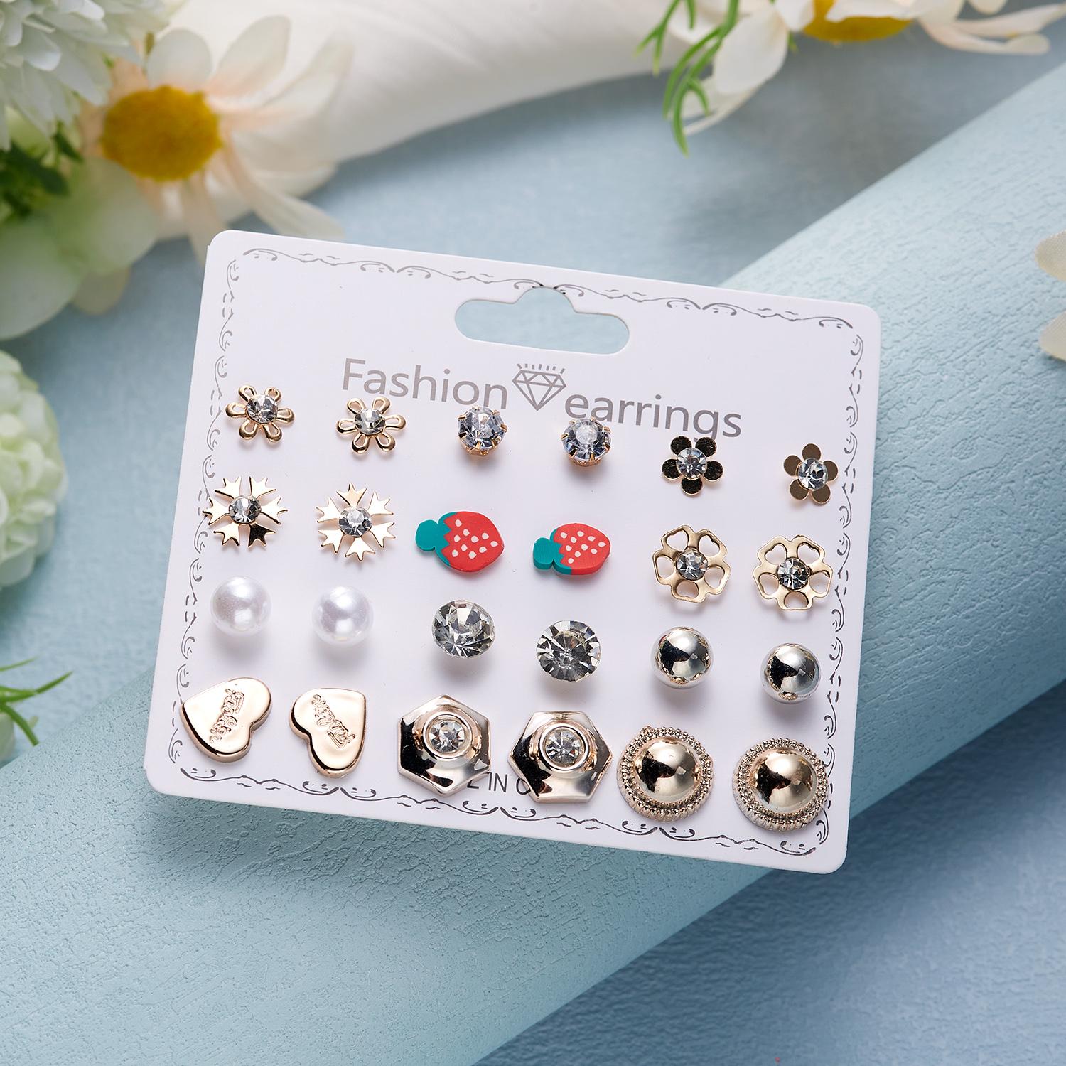 

12 Pairs Combination Stud Earrings Set For Women Exquisite Imitation Pearl Flower Heart Zircon Small Earring Jewelry Gifts