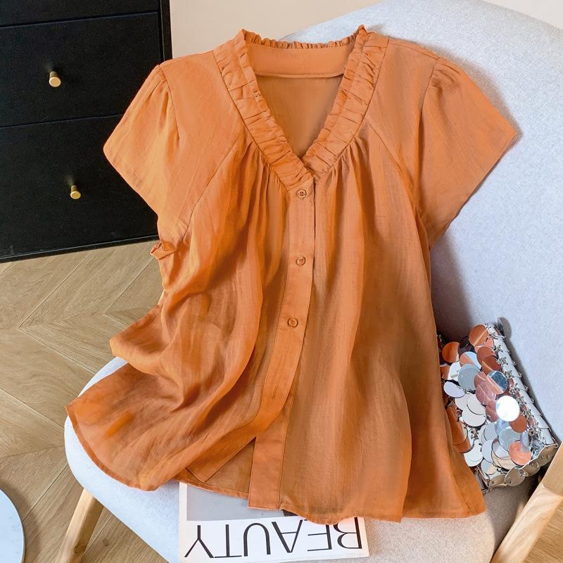 Women Ruffle V Neck Cap Short Sleeve Solid Cotton Button Down Blouse M оранжевый