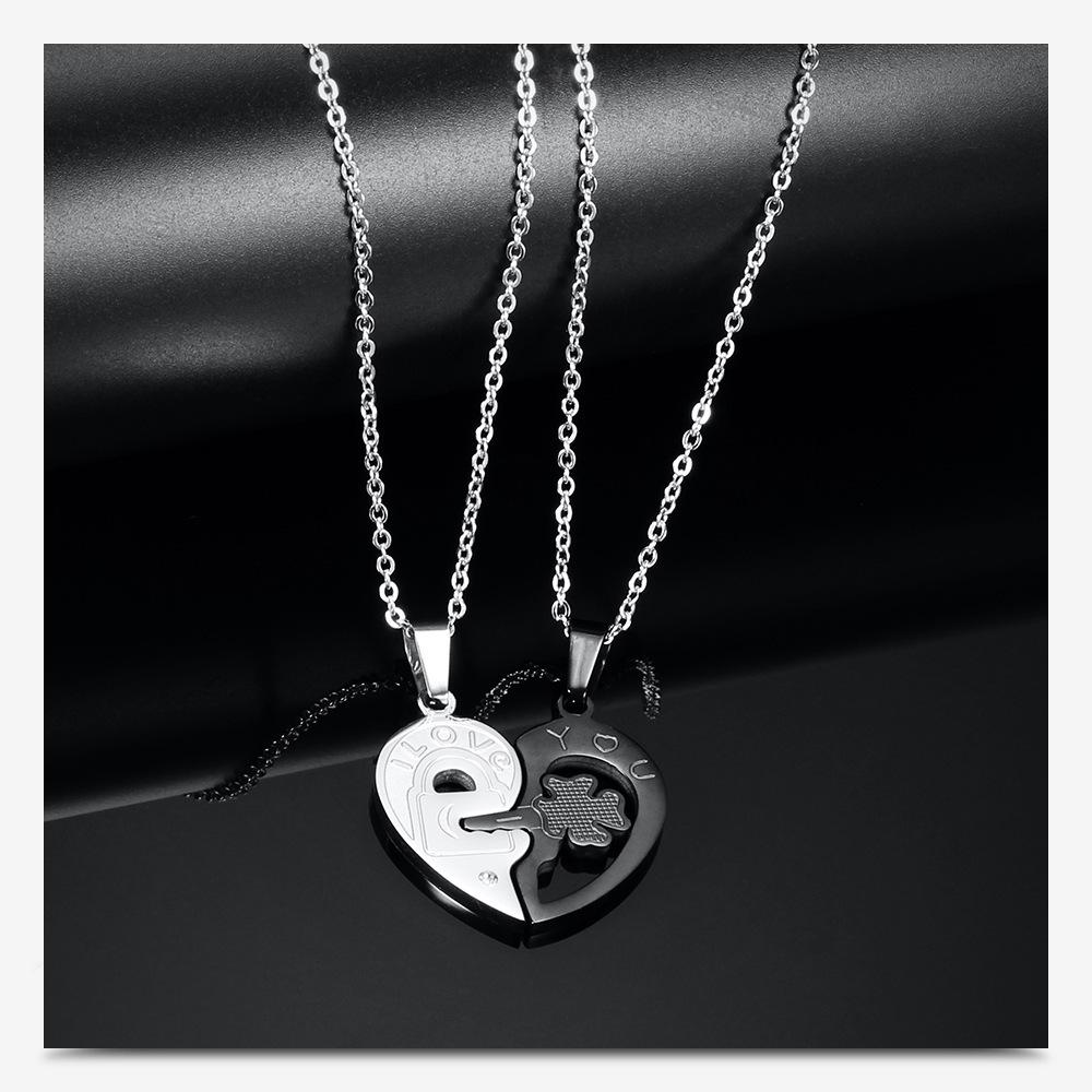 Qixi Valentine's Day Couple Heart Key Patchwork Black & White Matching Necklace