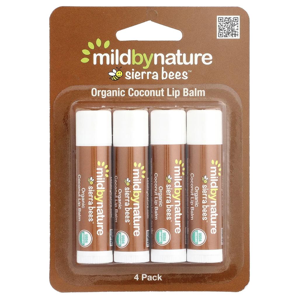Mild By Nature Sierra Bees™, Organic Lip Balm, Coconut, 4 Pack, 4.25g (0.15oz) Each